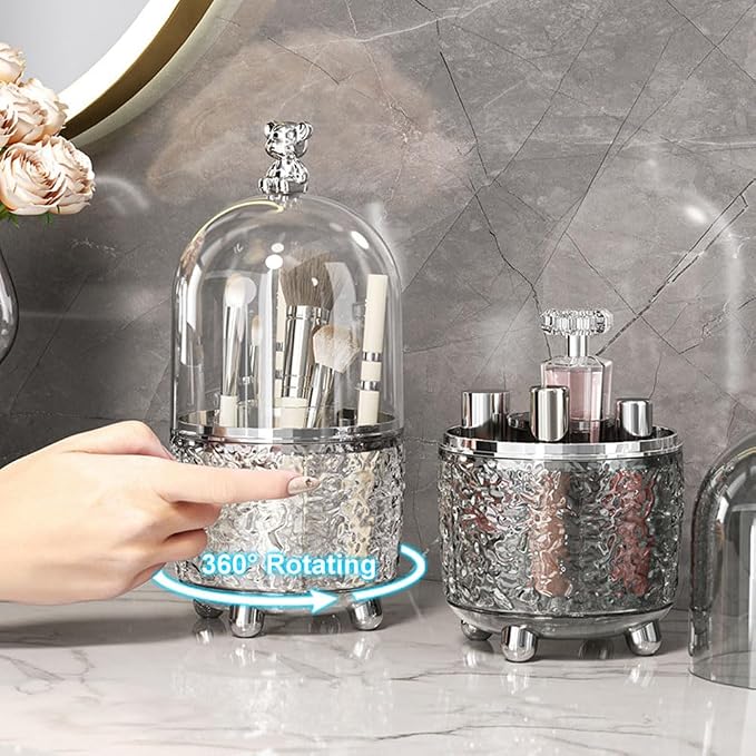 Dezzer Makeup Brush Holder with Lid, 360 Rotating Make Up Organizers with 6 Dividers, Dustproof Make up Brush Pencil Holder for Desk Vanity Bathroom Countertop Office, Gray - Image 2
