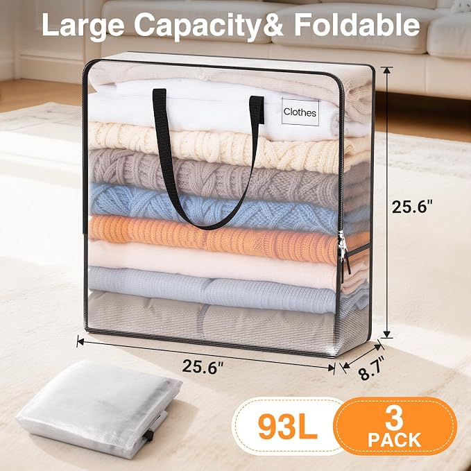 93L Moving Bags, Heavy Duty Clear Storage Bag with Strong Zippers & Handles - Image 2