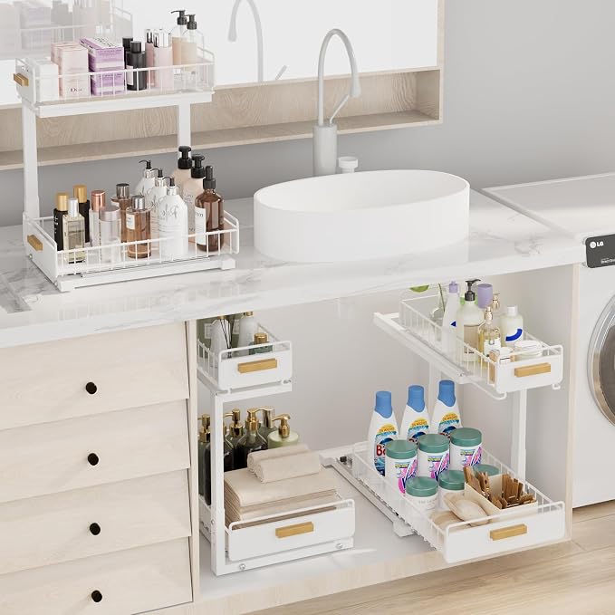 2 Pack Under Sink Organizer with Ball Bearing Sliding Drawer, Heavy Duty Pull Out Cabinet Organizer, 2 Tier Adjustable Storage Rack for Kitchen Bathroom, Space Saving Design, White - Image 9