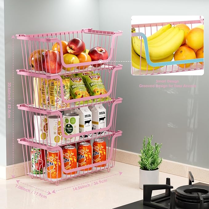 4 Pcs Stackable Wire Baskets for Pantry Organizers and Storage,pink, - Image 3