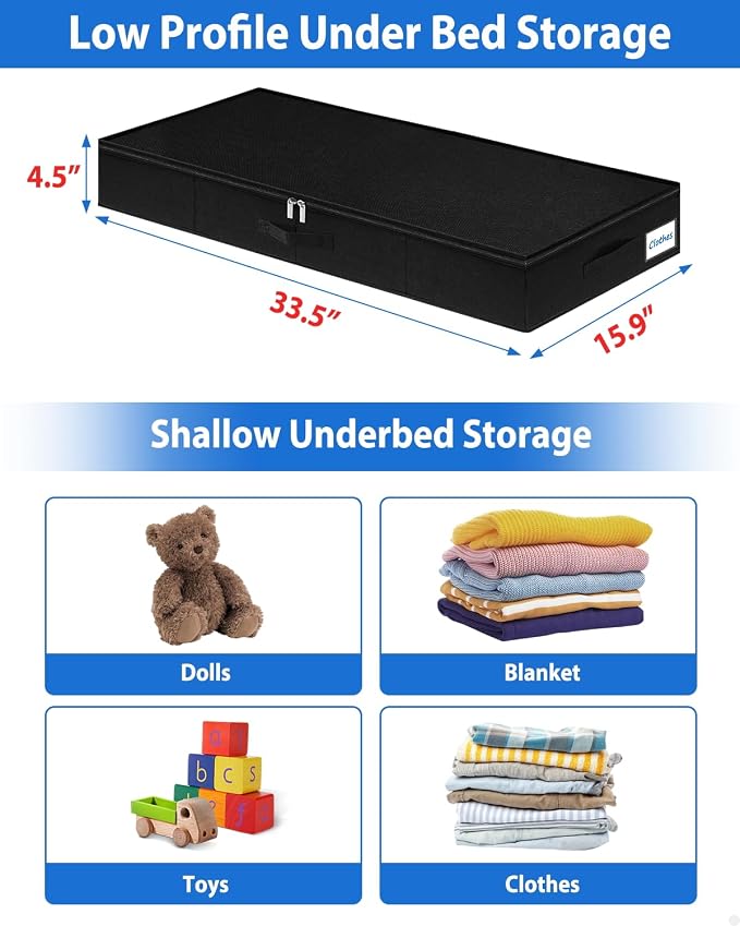 4.5-In Low Profile Under Bed Storage, Rigid Support, 2 Pack, Black | Thin Clothes Storage, Rigid Sides & Bottom, Zipped Lid, Reinforced Handles, Limited Clearance, Couches, Cribs, Dorm Beds - Image 5