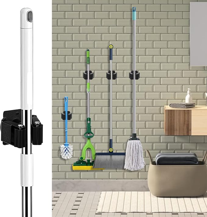 24 Pack Broom and Mop Holder Wall Mount, Hanging Clamp Clip Hanger Utility Rack, Heavy Duty Stainless Steel Adjustable Clamp Organizer with Screws for Garage, Home, Garden Tools, Black - Image 5
