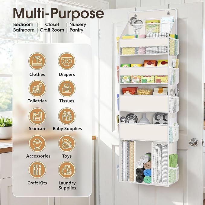 WISELIFE 5-Tier Over the Door Organizer for Nursery Hanging, Beige - Image 7