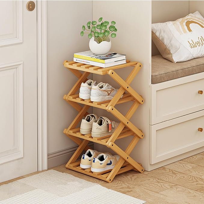 4 Tier Foldable Shoe Rack, Bamboo Vertical Shoe Organizer Tall for Multifunctional Narrow Shoe Shelf for Entryway, Closet, Corner, Bedroom, Hallway(Natural) by XZXWZX