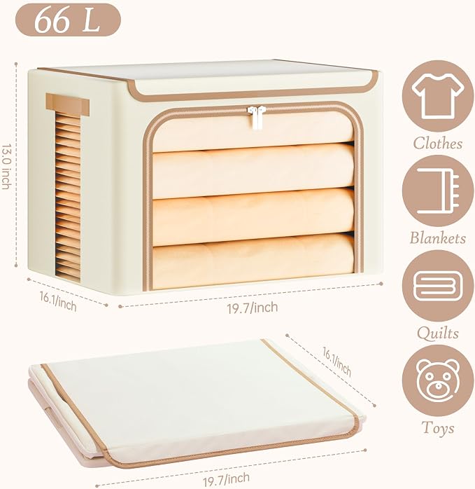 Yecaye Foldable Large Clothes Storage Bins with Lid, Beige, 66L, 3 Pack | Metal Frame, Stackable Organizer Box Clear Window & PU Leather Handles - Image 2