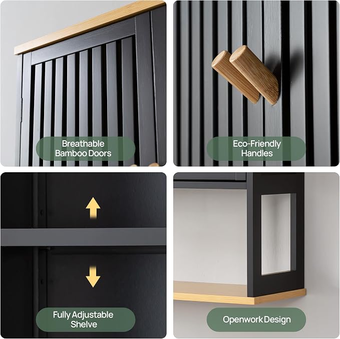 Bathroom Wall Cabinet with Bamboo Doors, 24 x 30 Inch, Black - Image 4