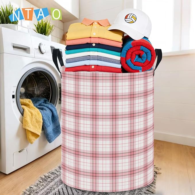 NTAOHAMPER Laundry Hamper, Waterproof Storage Bin, Baby Nursery Hamper, Clothes Organizer Basket, Room Decor (Pink Plaid) - Image 4