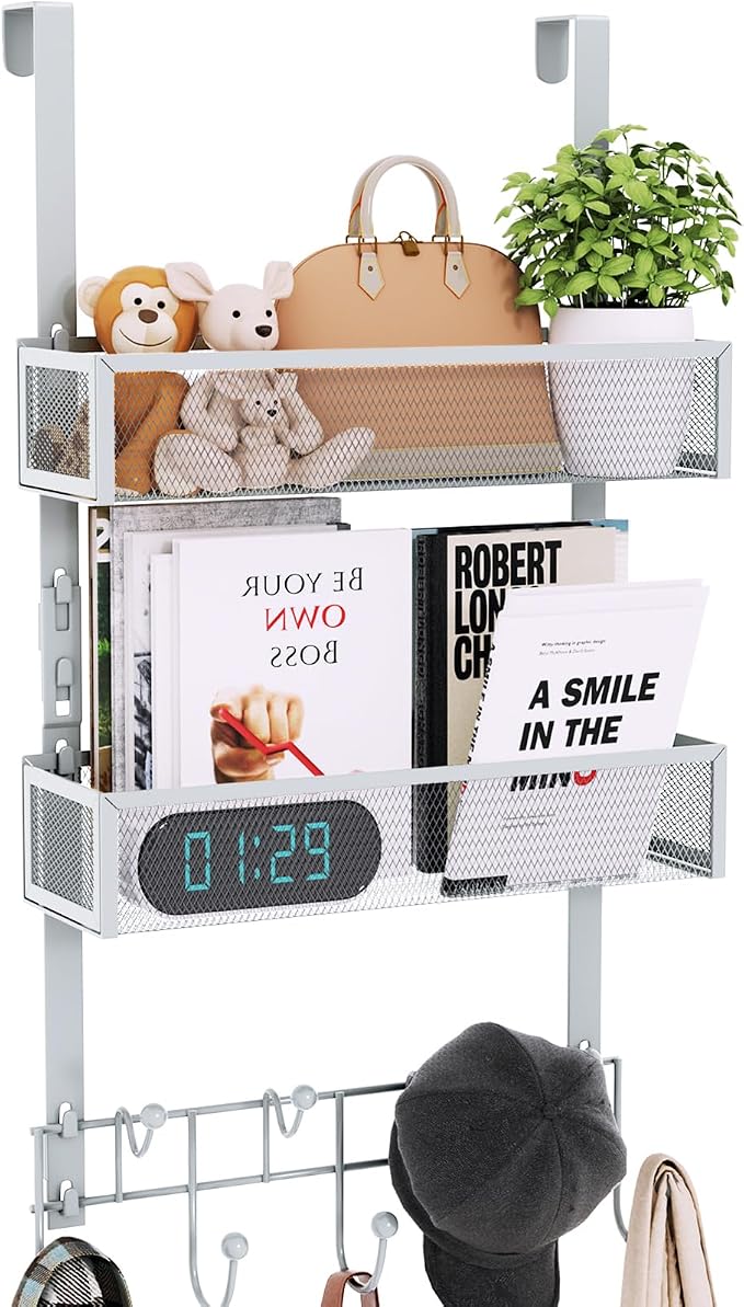 Consumest Over The Door Hooks Organizer - 3 Tier Door Hanger with 9 Coat Hooks & 2 Mesh Basket, Back Storage Organizer Hanging Towels for Bathroom, Bedroom, Silver by Consumest