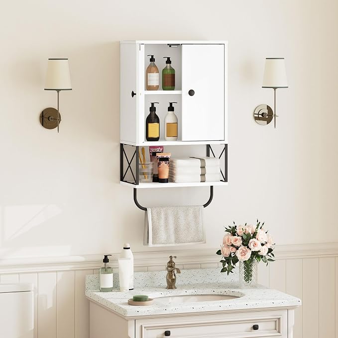 MAHANCRIS Bathroom Wall Cabinet with 2 Door and Adjustable Shelf, Farmhouse Medicine Cabinet with Towel Rack, 3-Tier Wall Mounted Storage Cabinet Over The Toilet for Bathroom Laundry Room, White - Image 5