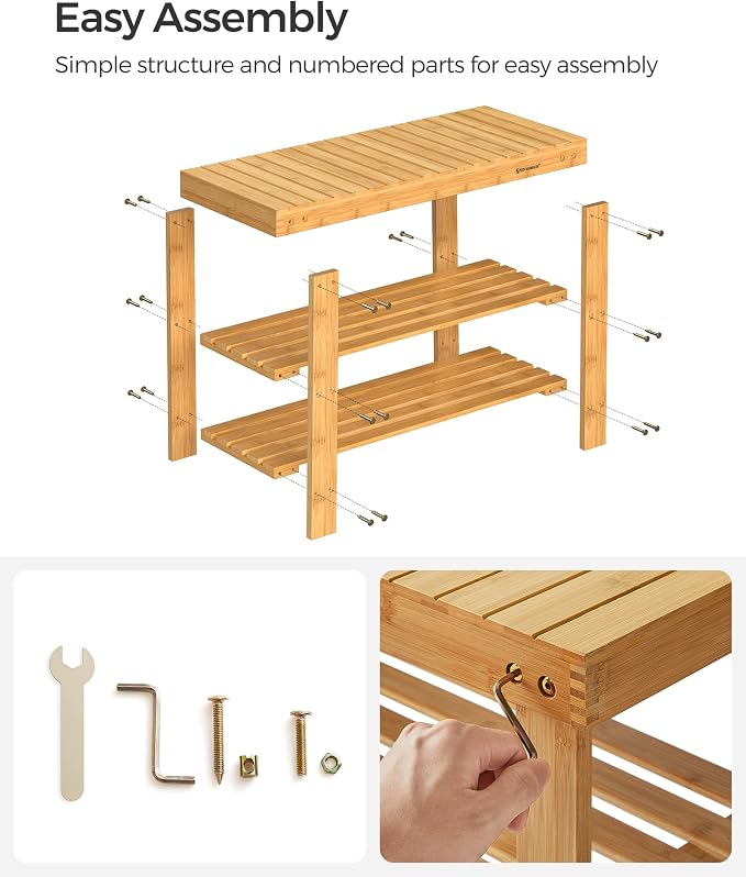 SONGMICS Shoe Rack Bench, 3-Tier Bamboo Shoe Storage Organizer, Entryway Bench, Holds Up to 286 lb, 11.3 x 27.6 x 17.8 Inches, for Entryway Bathroom Bedroom, Natural ULBS04N | Shoe Storage Organizer, Holds Up to 286.6 lb, Natural, BAMBOU Collection ULB... - Image 9