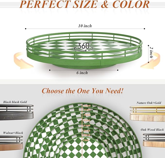 Green and White Checkerboard Lazy Susan with Rubberwood Base and Metal Rail - Image 6