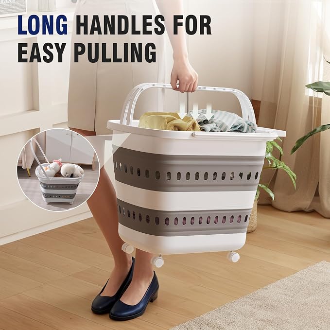 Collapsible Plastic Rolling Laundry Basket Hamper with Wheels, 45L Portable Rubber Clothes Basket, Pop Up Storage Container/Organizer for Washing & Storage, Grey - Image 3