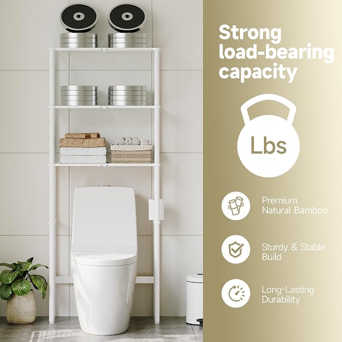Over The Toilet Storage,3-Tier Bamboo Bathroom Shelf with Paper Holder - Image 7
