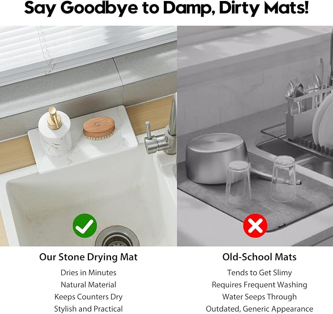 2PCS 10"x 5" Large Bathroom Sink Vanity Trays, Water Absorbing Diatomite Stone Quick Drying Mat for Kitchen Counter, Dish Rack Dispensers Sponge Holder Caddy Organizer, Marble White, 10"x 5" - Image 2