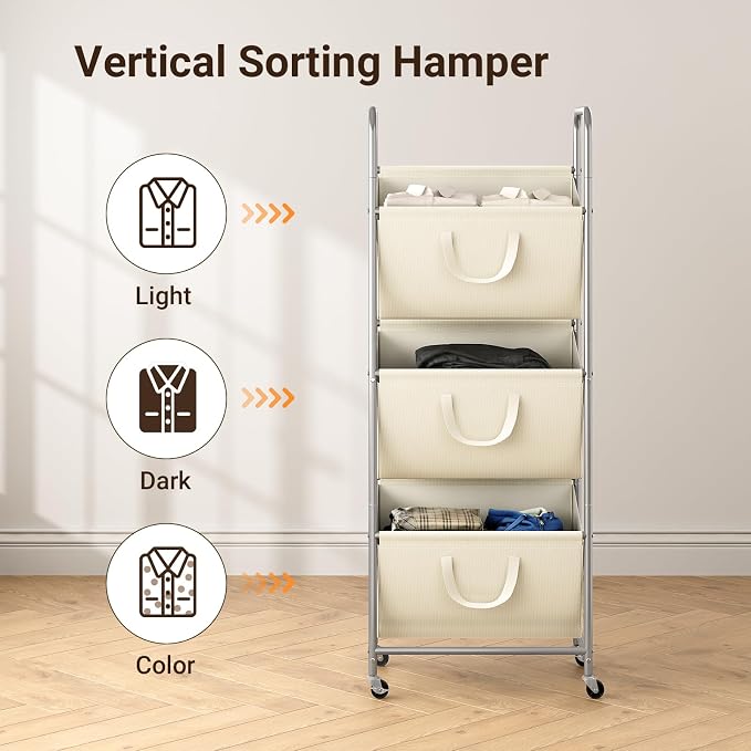 ELYKEN 3-Tier Vertical Rolling Laundry Hamper with Wheels & Removable Bags - Image 5