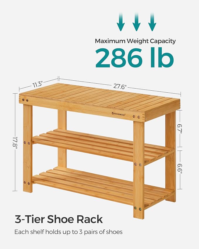 SONGMICS Shoe Rack Bench, 3-Tier Bamboo Shoe Storage Organizer, Entryway Bench, Holds Up to 286 lb, 11.3 x 27.6 x 17.8 Inches, for Entryway Bathroom Bedroom, Natural ULBS04N | Shoe Storage Organizer, Holds Up to 286.6 lb, Natural, BAMBOU Collection ULB... - Image 6