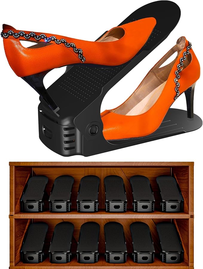 12 Pack Adjustable 50% Space-saving Shoe Slots Organizer, Black by Yashong