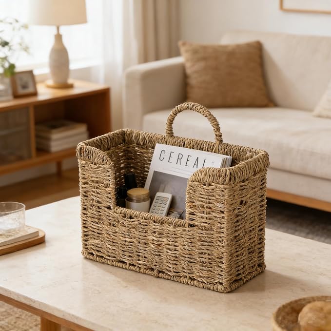Hanging Magazine Basket, Woven Wall Magazine Holder Organizer with Handle for Mail, Files, Books - Water Hyacinth Farmhouse Storage Rack for Bathroom, Kitchen, Office (1, Sea Grass) - Image 4