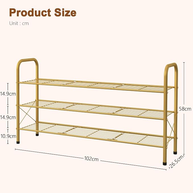 Hoctieon 3 Tier Mesh Style Shoe Rack, Entryway Shoe Shelf, Shoe Storage Organizer, Shoe Rack for Closet, Space Save for Bathroom, Garage, Hallway, Bedroom, Living Room, Gold - Image 3
