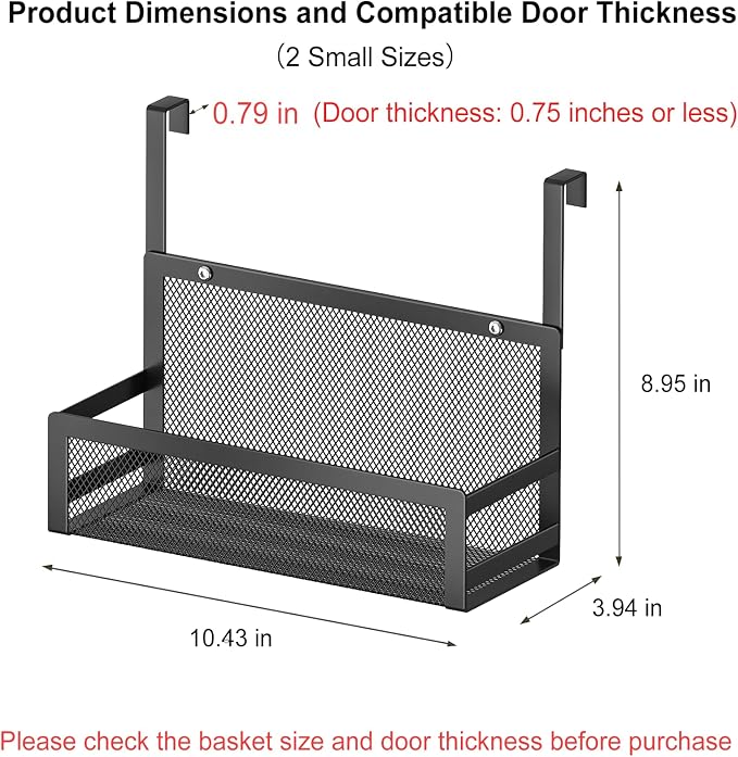 Hanging Kitchen Baskets Fine Mesh Wire Storage Basket Over Cabinet Door Organizer No Drilling Required for Kitchen Bathroom Office, 2 Smalls, Black - Image 2