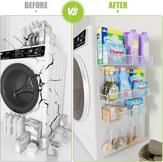 4 Pack Magnetic Shelves for Washing Machine, Heavy-Duty Magnetic Laundry Organizer with Hooks, Washing Machine Shelf for Refrigerator, Metal Storage Baskets, Closet & Laundry Room Organization(White) - Image 6