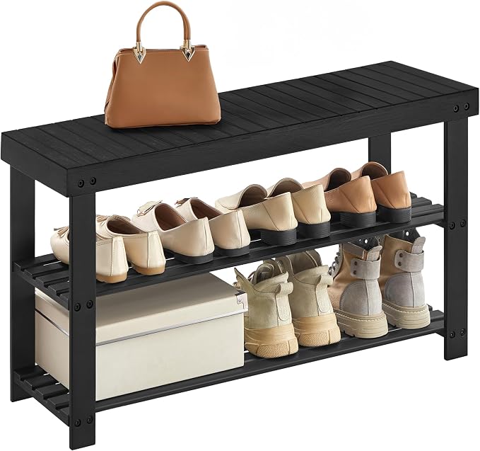 SONGMICS Shoe Rack Bench, 3-Tier Bamboo Entryway Bench, 35.4 Inches Width | Shoe Storage Organizer, Holds Up to 286.6 lb, Ink Black, BAMBOU Collection ULBS090B33 by Unknown