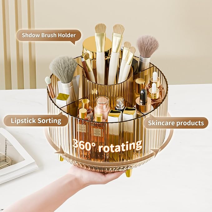 fanado 360° Rotate Makeup Brush Holder Organizer, Makeup Organizers Countertop, Makeup organization and Skincare Storage for Vanity, Desktop, Bathroom (Clear Amber) - Image 2