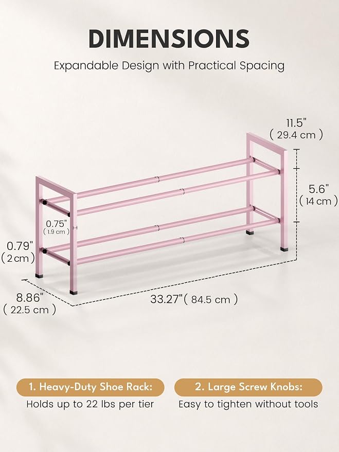 Bumusty 2 Tier Expandable Shoe Rack for Closet, Pink | 18"-33" Adjustable Shoe Rack for Entryway, Small Shoe Organizer for Dorm, Front Door, Sturdy Metal - Image 2