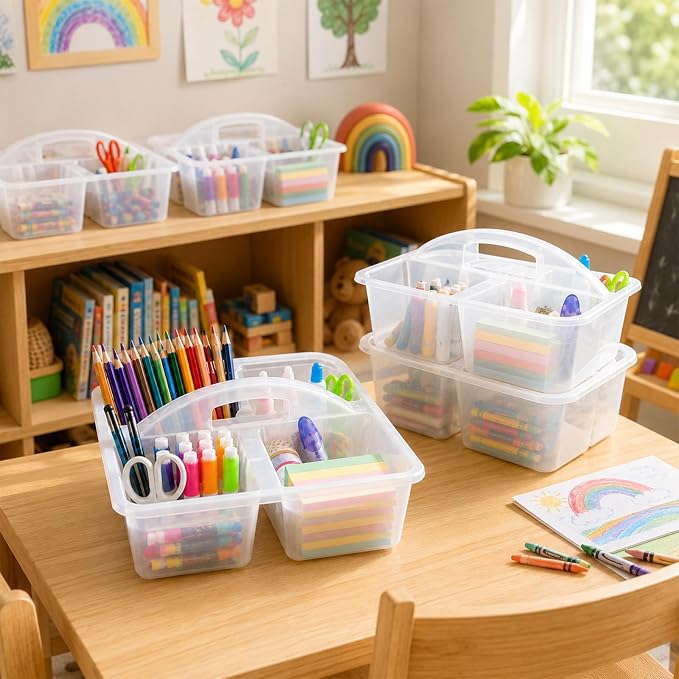 6 Pack 4 Compartment Classroom Caddy with Handle, Clear - Image 6
