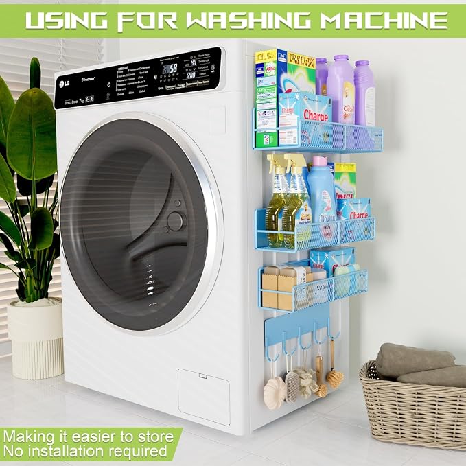 4 Pack Magnetic Shelves for Washing Machine, Heavy-Duty Magnetic Laundry Organizer with Hooks, Washing Machine Shelf for Refrigerator, Metal Storage Baskets, Closet & Laundry Room Organization (Blue) - Image 3