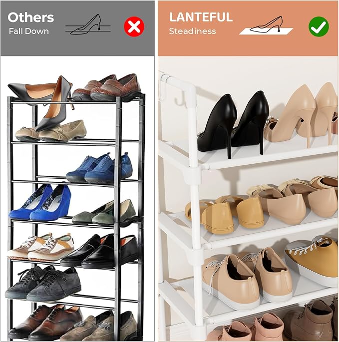 LANTEFUL 3 Tier Shoe Rack for Closet, Shoe Organizer with 5 Hooks, Long Shoe Shelf Storage for Shoe and Boot Stackable Free Standing Shoe Rack for Entryway, Garage, Small Spaces, Dorm, White - Image 5