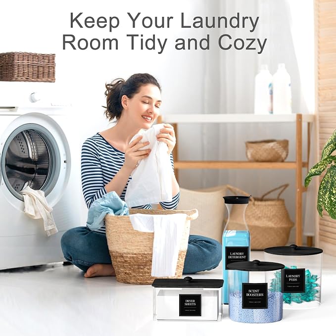 3+1 Pack Laundry Pods Containers & Dryer Sheet Holder & Laundry Detergent Dispenser, Laundry Room Organization and Storage Jars with Lids, Labels and Scoops for Scent Booster Powder Pods, Black Lid - Image 7