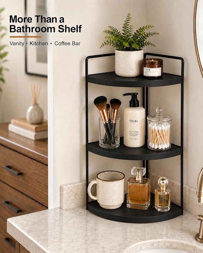 3-Tier Corner Bathroom Counter Organizer, Solid Pine Vanity Shelf, Black - Image 6