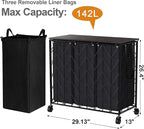WOWLIVE Laundry Hamper 3 Section with Lid, 142L Laundry Basket with Wheels - Image 4