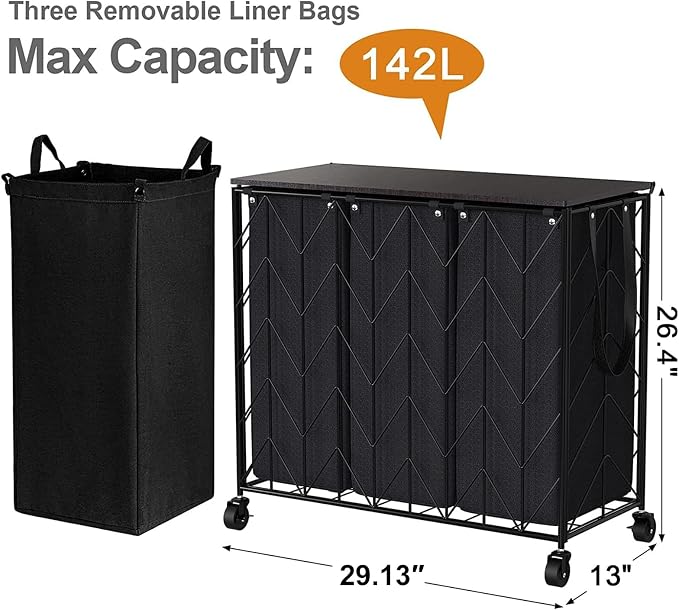 WOWLIVE Laundry Hamper 3 Section with Lid, 142L Laundry Basket with Wheels - Image 4