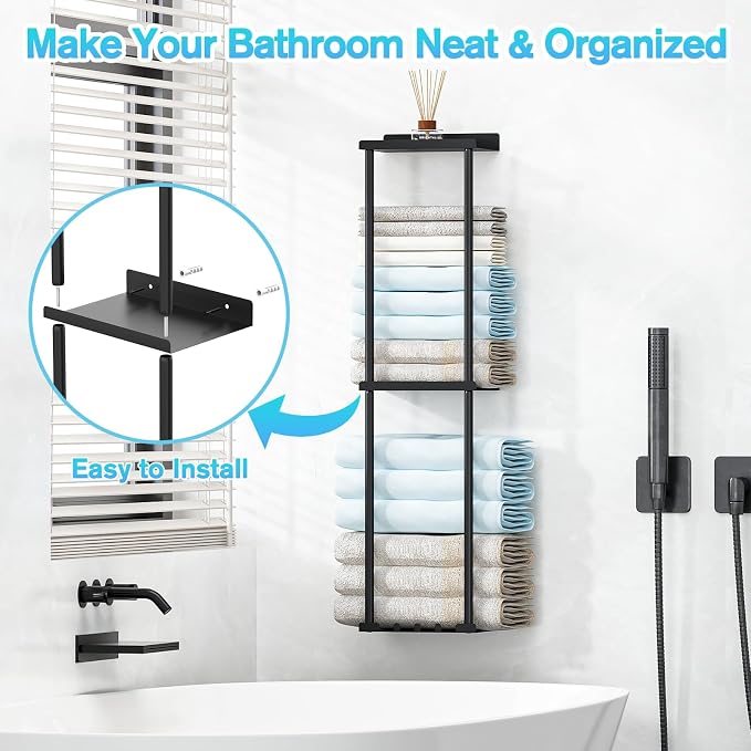 Liuoud Towel Rack for Bathroom, Wall Mounted Vertical Rolled Towel Storage Organizer Holder with Shelf, Holds Up 6 Large Bath Sheets, Black - Image 4