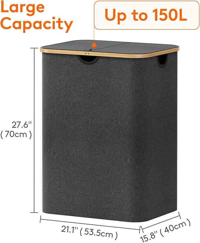 Lifewit 150L Large Laundry Basket with Lid, 2 Removable Bags, Dark Gray - Image 4