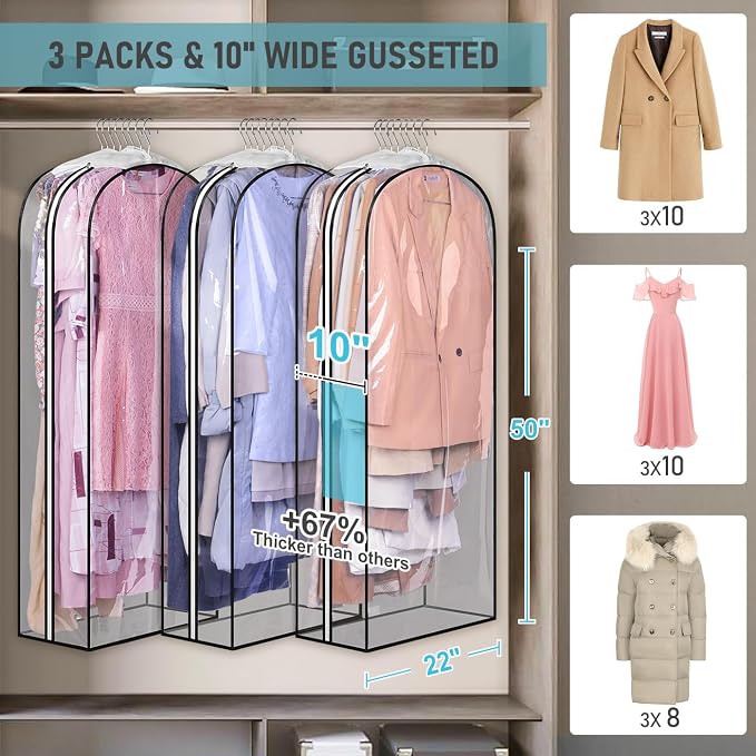 MISSLO 10" Gusseted All Clear Garment Bags for Hanging Clothes 50" Dress Bags for Closet Storage Coat Protectors for Suits, Gowns, 3 Packs - Image 2
