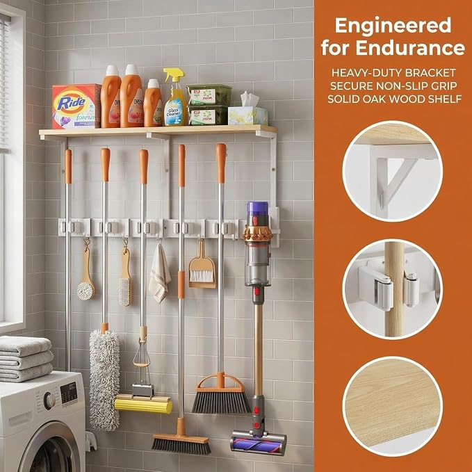 Upgraded Broom Holder Wall Mount with Shelf, Mop and Broom Organizer Wall Hanging, Cleaning Supplies Organizer with 5 Grippers, 4 Hooks and Vacuum Holder for Laundry Room, Garage, Kitchen - Image 3