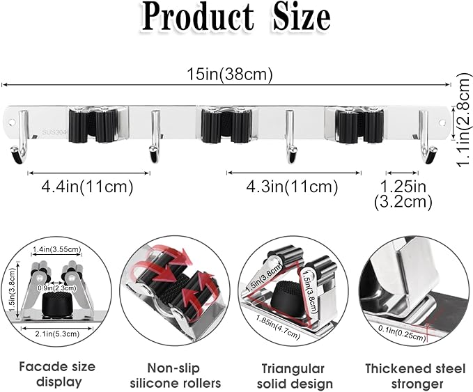 2 Pack Broom Holder Wall Mount, 3 Racks 4 Hooks Mop and Broom Organizer - Image 3