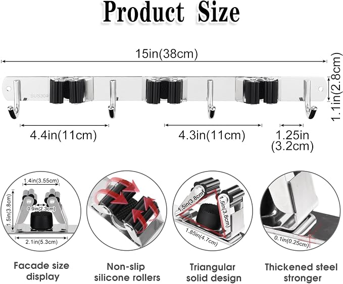 AceMining Broom Holder Wall Mount, 3 Racks 4 Hooks Heavy Duty Mop Organizer - Image 3