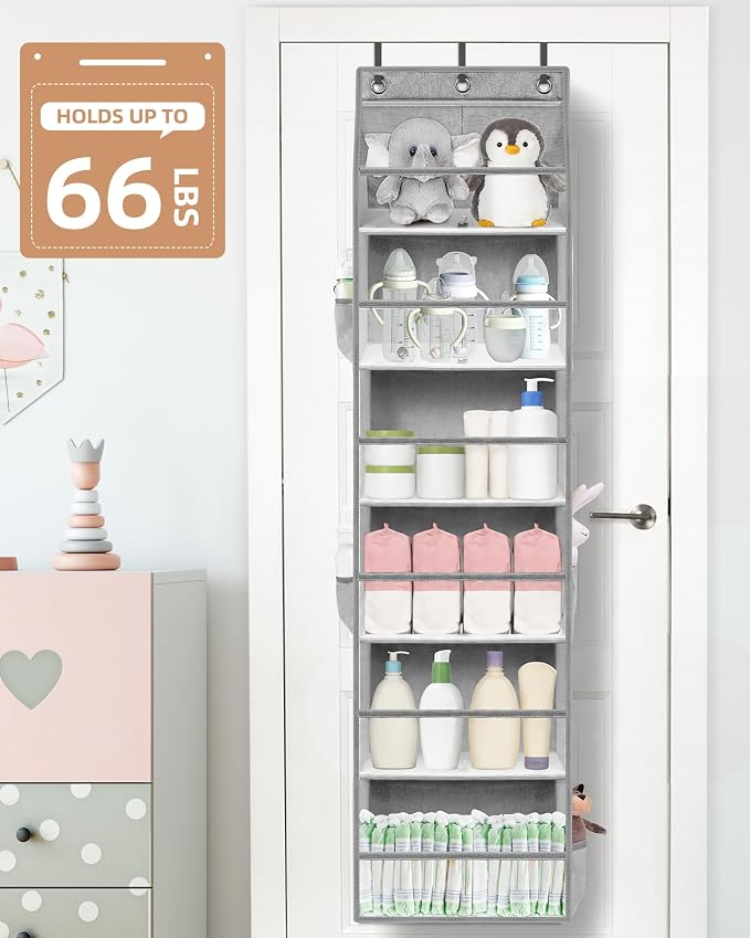 STORAGE MANIAC Over the Door Organizer 6-Shelf Closet Hanging Storage with 14 Mesh Pockets, 66lbs Capacity Clear Deep Pockets Behind Door Storage for Nursery, Bathroom, Bedroom, 1 Pack Grey - Image 7