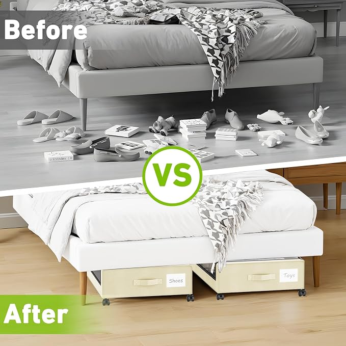 Molutsody Under Bed Storage with Wheels, 4-Pack UnderBed Storage Containers with Clear Lids, Under Bed Shoe Storage Organizer, Rolling Under Bed Storage for Clothes Shoes Blankets (Beige) - Image 6