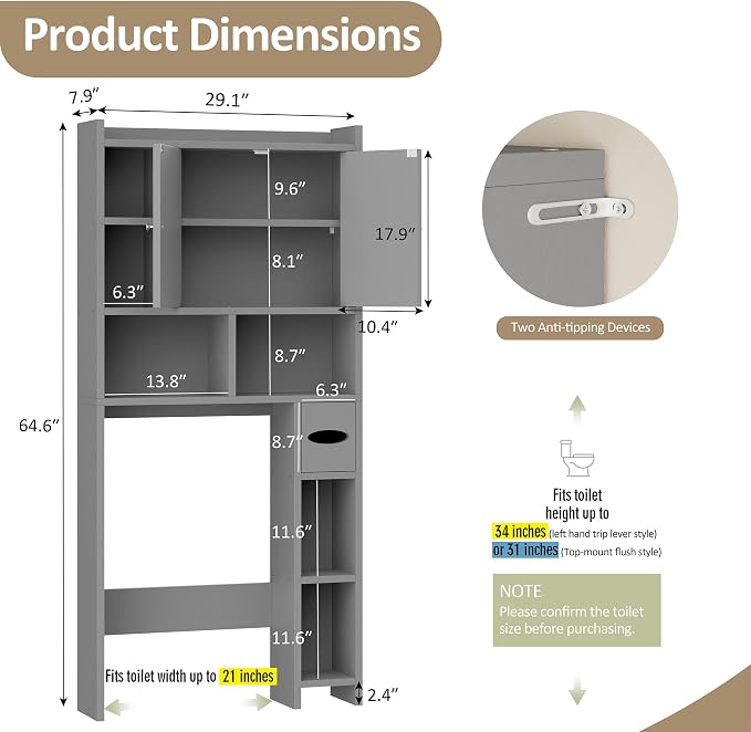 Over the Toilet Storage Cabinet, Freestanding Farmhouse Storage Cabinet Over Toilet, Bathroom Organizer with Paper Holder Stand and Adjustable Shelf, Grey - Image 2