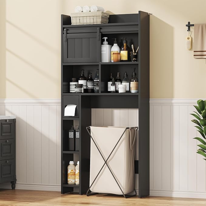 kepptory Over the Toilet Cabinet with Sliding Barn Door，Black - Image 8
