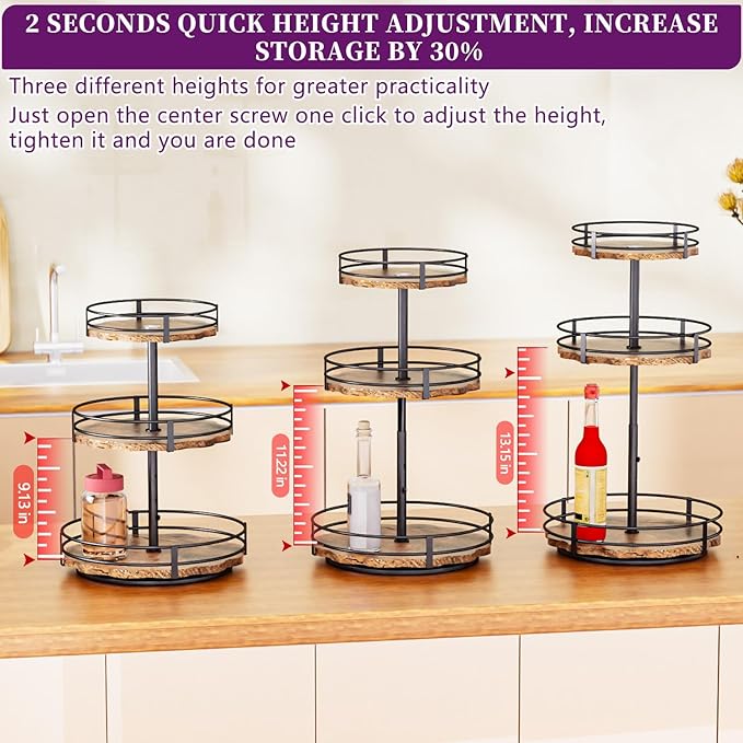 Heavy-Duty 3-Tier Lazy Susan Organizer, Adjustable to Different Heights, Countertop Spice Rack, Upgraded Thickened Wooden Board, Suitable for Seasoning Organizer, Kitchen Organization - Image 3