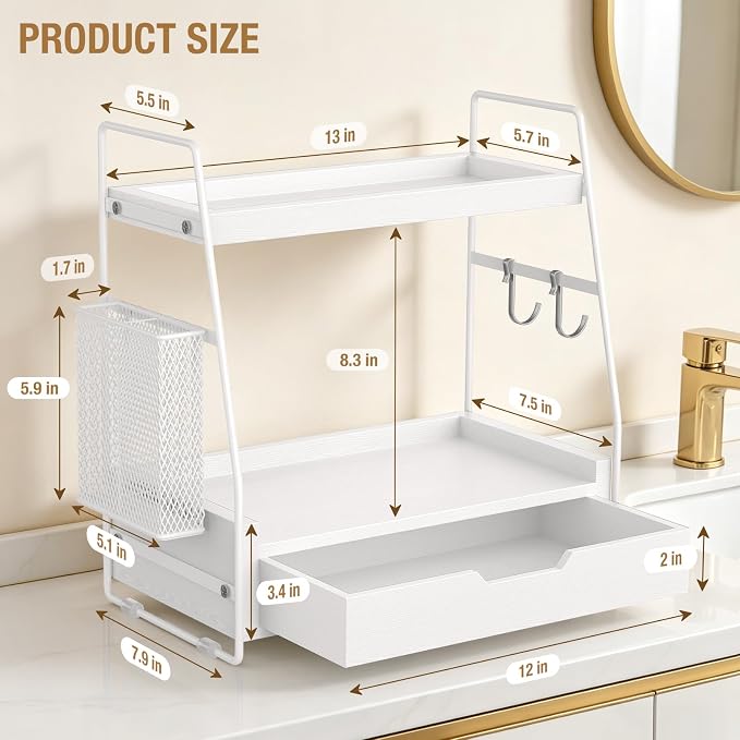 2-Tier Bathroom Counter Organizer with Drawer, Wood Counter Storage Shelf - Image 2