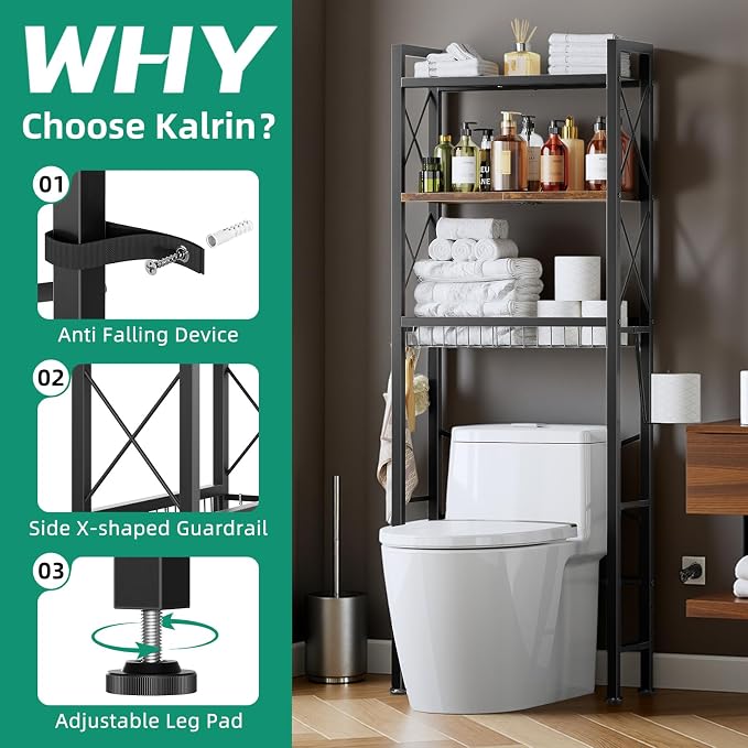 Kalrin Over The Toilet Storage with X Shape Side Guardrail, 3-Tier Over Toilet Storage Rack with Drain Basket, Freestanding Bathroom Organizer for Balcony Laundry, Vintage Brown - Image 4