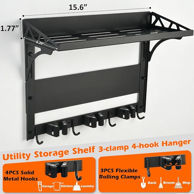 MUTUACTOR Heavy Duty Magnetic Broom Holder,Anti-slip Magnetic Tool Rack with Top Utility Shelf, Easy Assembly Broom Mop Organizer for Refrigerator Metal Cabinet Laundry Room Kitchen,3-Clamps 4-Hooks - Image 5