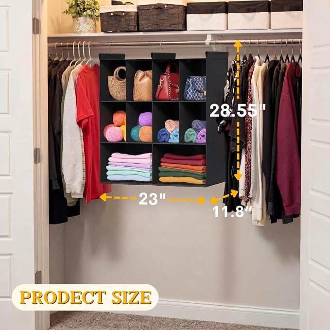 3 Tier Hanging Closet Organizer, 10 Compartments Dual Row Storage, Black | Closet Organizers and Storage with Large & Small Pockets, 3 Sturdy Hooks Support Heavy Loads, for Dorm, RV, Garment Rack - Image 3